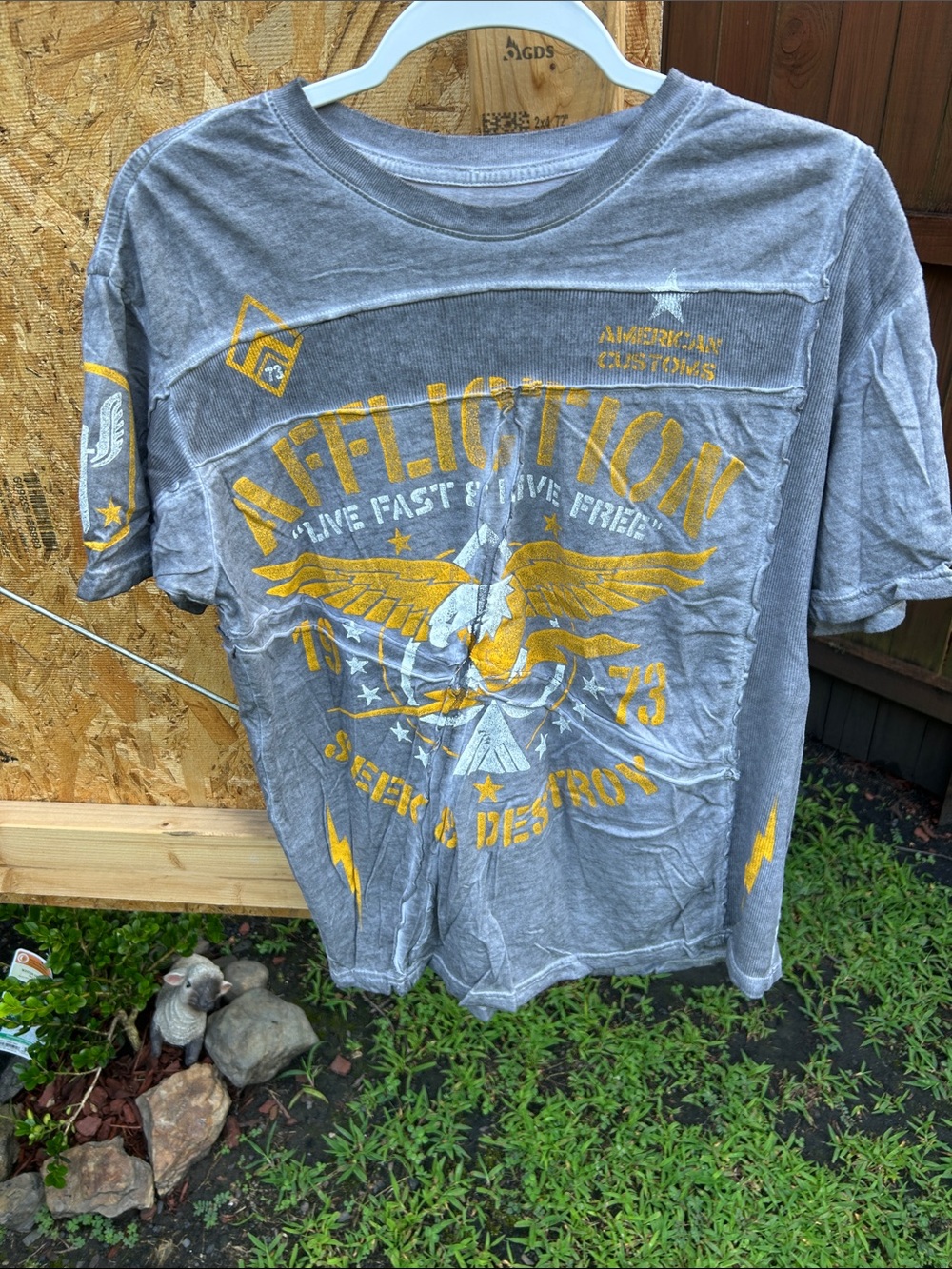 Affliction Gray Tee with Yellow Graphic Eagle Emblem